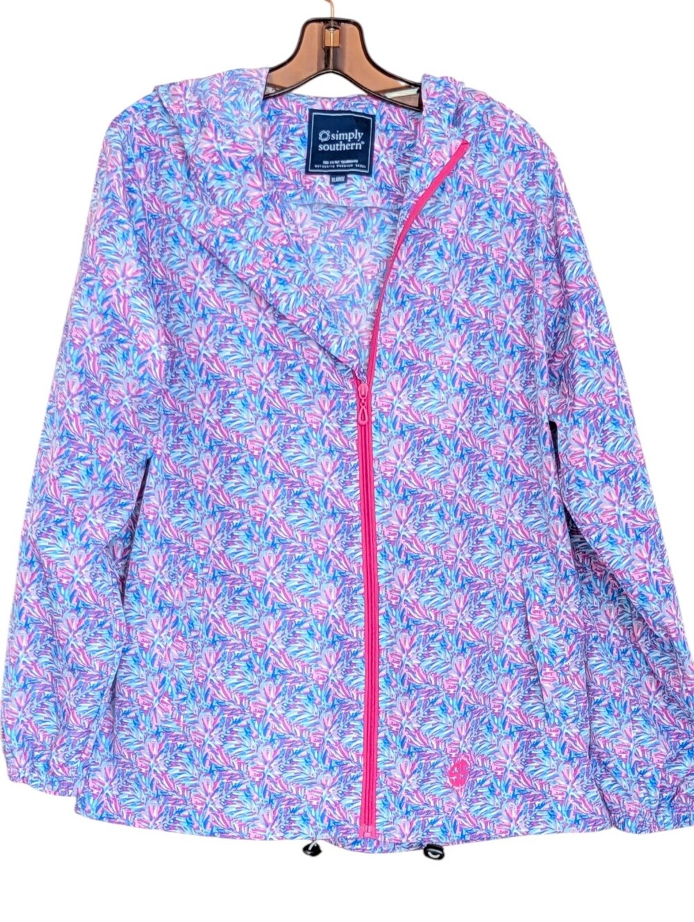 Simply Southern Pink Purple & Blue Hooded  Jacket XL Windbreaker Patterned Rain